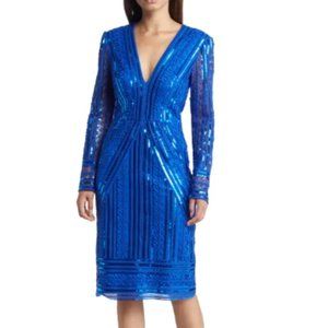 TADASHI SHOJI SEQUIN EMBROIDERED LONG SLEEVE COCKTAIL LAGOON BLUE DRESS sz 2